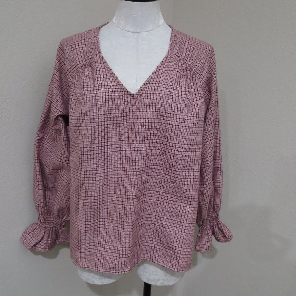 Anthro NUMPH Plaid bell sleeve pullover blouse